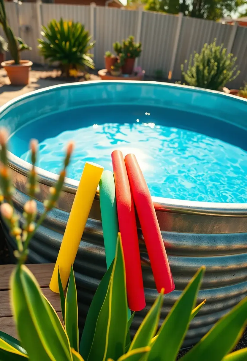 Galvanized stock tank pool in an Arizona backyard surrounded by desert plants, a wooden deck platform, and colorful pool noodles leaning against the side