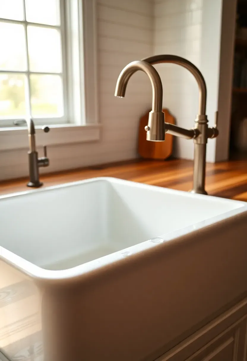 White apron front farmhouse sink with gooseneck faucet in rustic kitchen with wooden counters