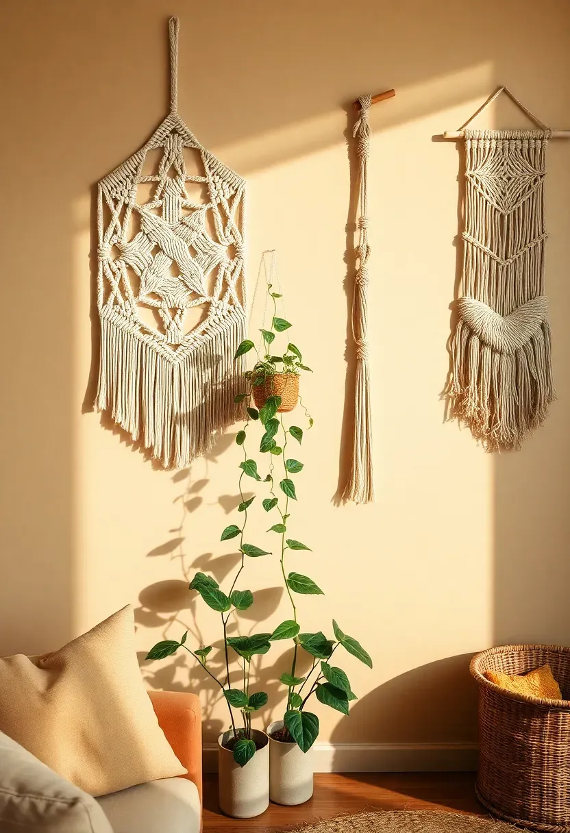 Hyper-realistic 3/4 view of an earthy boho living room wall featuring a macramé gallery arrangement showing three different macramé pieces—a large geometric wall hanging with intricate knot patterns, a plant hanger with a pothos vine trailing downward, and a smaller woven wall art piece—all positioned against warm cream walls. Plants and earthy furniture visible below. Materials: cream cotton macramé cord with visible knot patterns and fringe, live pothos plant with cascading vines, warm cream walls, jute rug, rattan furniture. Natural side lighting creating shadows that emphasize macramé texture and dimension. Handmade craftsmanship emphasis. Organic wall arrangement not gridded or symmetrical. Shallow depth of field showing macramé foreground with room context beyond. No text, no logos, no watermarks.</p>