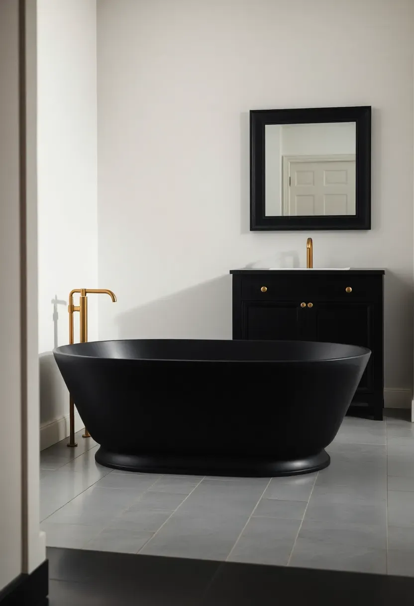 Matte black freestanding soaking bathtub centered against white walls in a spacious apartment bathroom