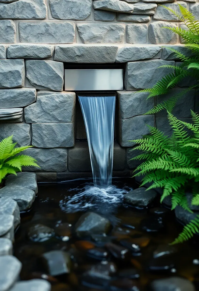 Stone retaining wall with a narrow water feature spillway cascading water into a shallow basin pool surrounded by river rocks and ferns