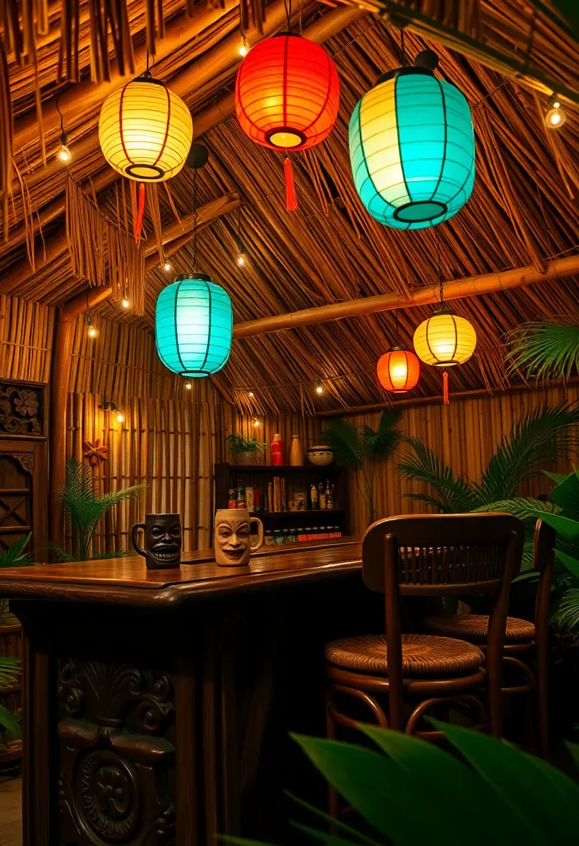 Tropical tiki bar in a basement with bamboo thatched roof, palm-leaf decor, colored lanterns, and carved wooden bar stools
