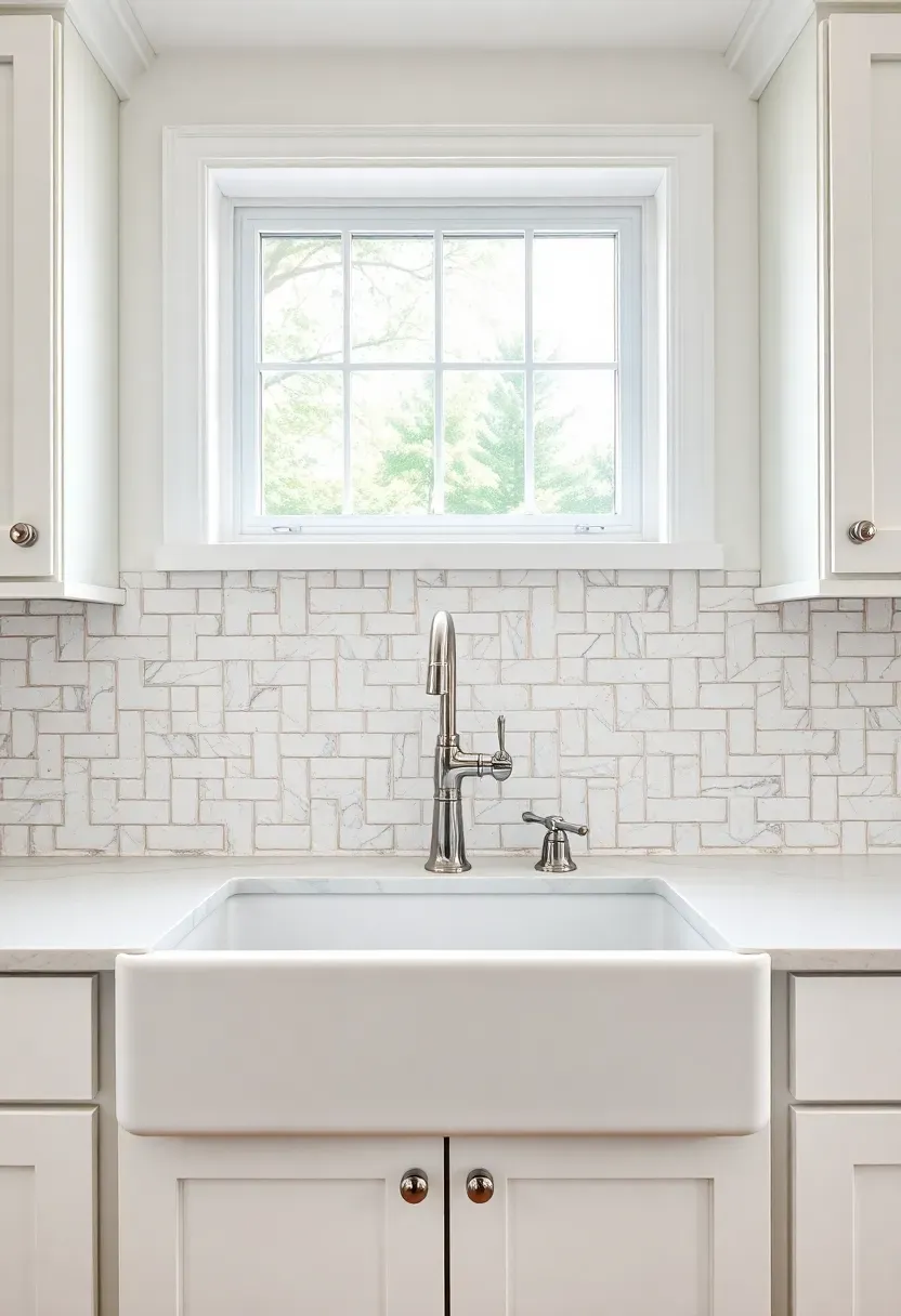 basketweave marble mosaic backsplash in Carrara and Bardiglio in a classic white kitchen with chrome fixtures