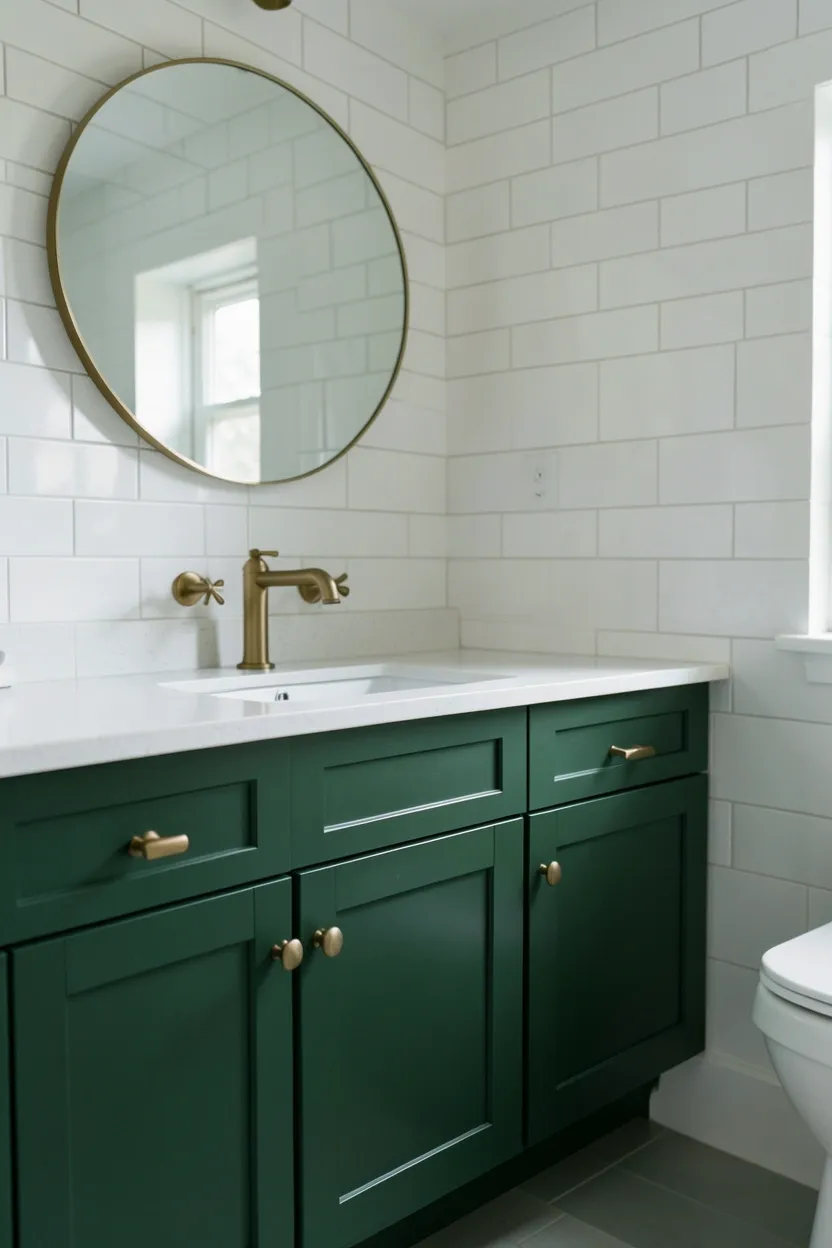 Hyper-realistic eye-level photograph of a modern green bathroom featuring forest green vanity cabinet with brass pulls, white quartz countertop, white undermount sink, brass faucet, white subway tile wall, small round mirror. Soft natural light. Materials: forest green painted wood, brass hardware, white quartz, white ceramic. Rich elegant green aesthetic. Clean modern composition. No text, no logos, no watermarks.</p>