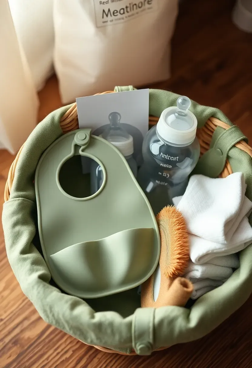 baby feeding time starter gift set with silicone bibs bottles bottle brush burp cloths and a feeding schedule chart in a sage green basket