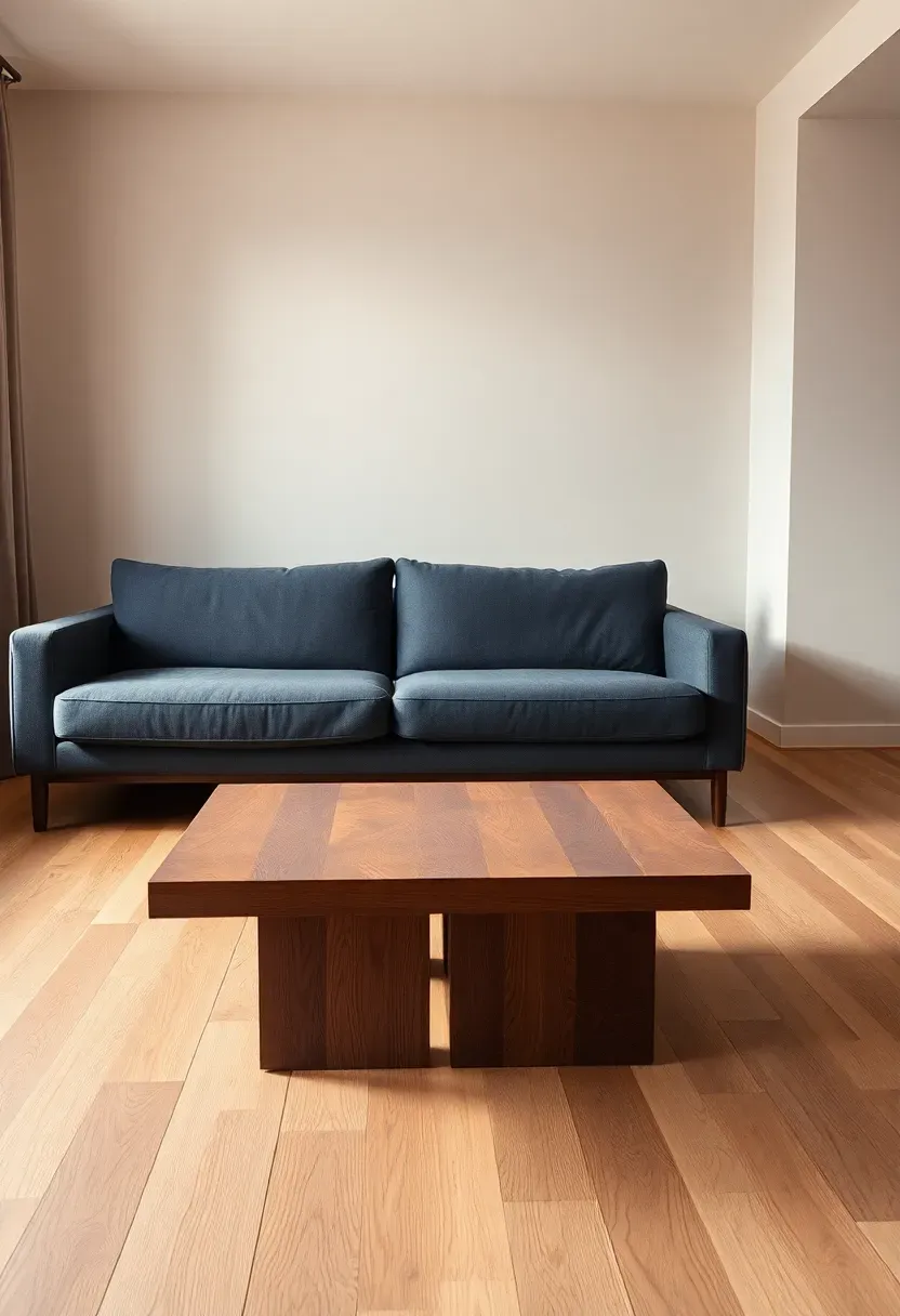 Hyper-realistic 3/4 view of minimalist living room with charcoal gray upholstered sofa, walnut wood coffee table with clean geometric shape, light beige walls, medium-toned wood flooring. Materials: matte charcoal fabric, rich walnut wood, smooth plaster walls. Warm window light from side (4500K with warm amber quality), soft shadows, cozy intimate atmosphere. Balanced composition, shallow depth of field, sharp focus on sofa and wood table, visible room context, no text, no logos.</p>