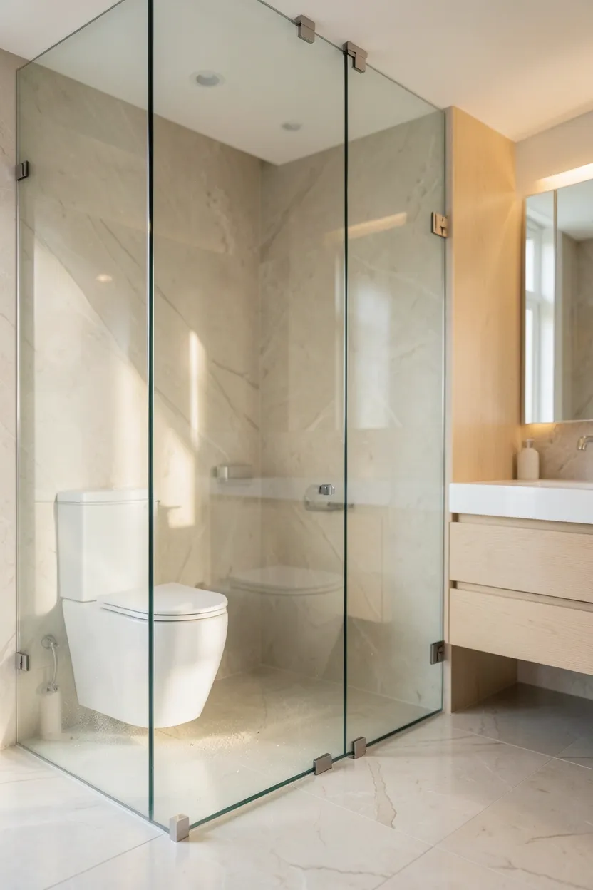 Floor-to-ceiling frameless glass partition separating toilet area from open bathroom with light gray tile