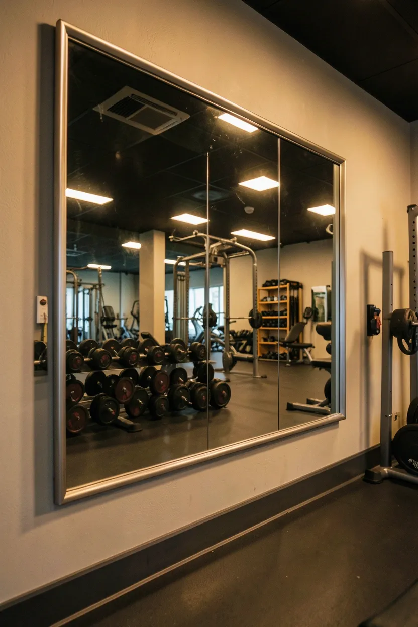 Large mirror wall panel opening to reveal hidden shelving with gym weights and accessories behind — elegant concealed home gym storage idea
