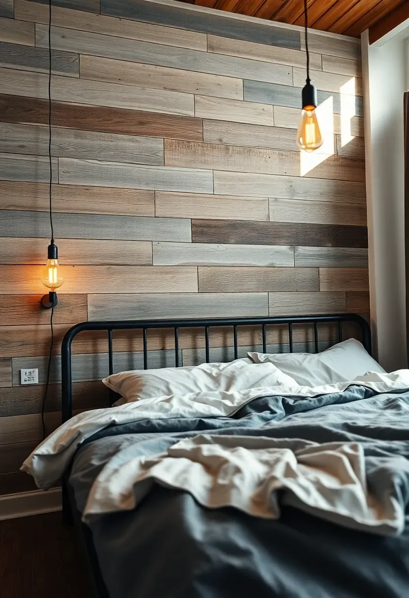 Cozy bedroom with a reclaimed barn wood plank accent wall in mixed gray and brown tones behind a simple platform bed
