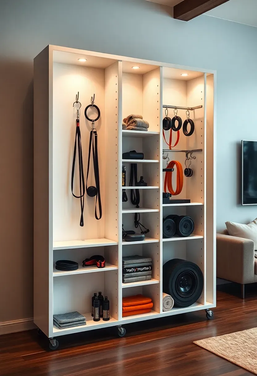Room divider with built-in pegboard storage holding gym equipment, separating the workout zone from the living area in a small open-plan apartment