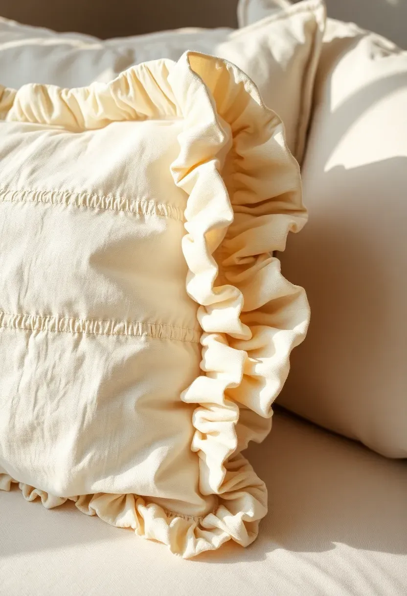 Ruffled natural linen pillow sham on a cream sofa with soft afternoon light