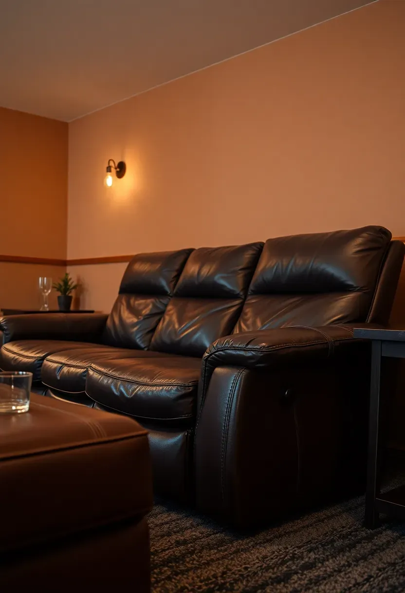 Dark brown leather reclining sofa in a cozy finished basement with warm lighting
