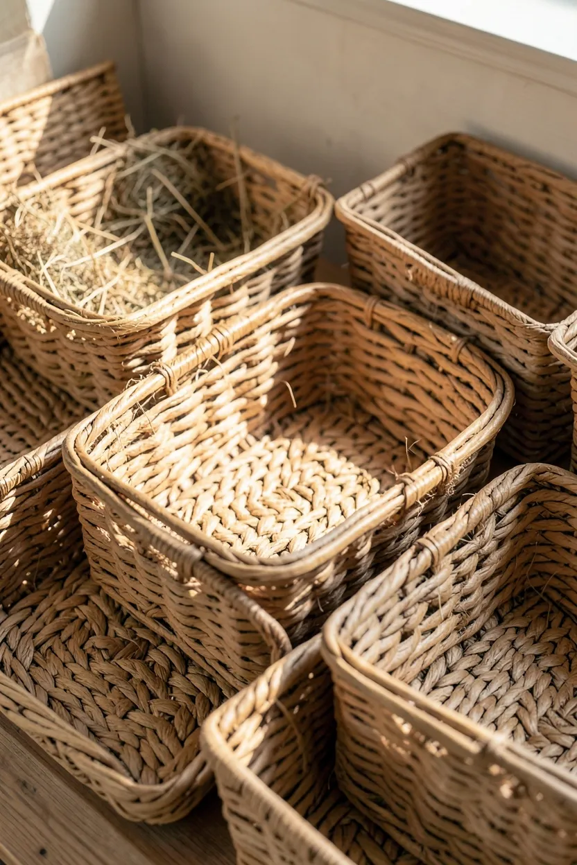 Natural seagrass and rattan baskets organizing throws and magazines in a small Nordic-style rental living room