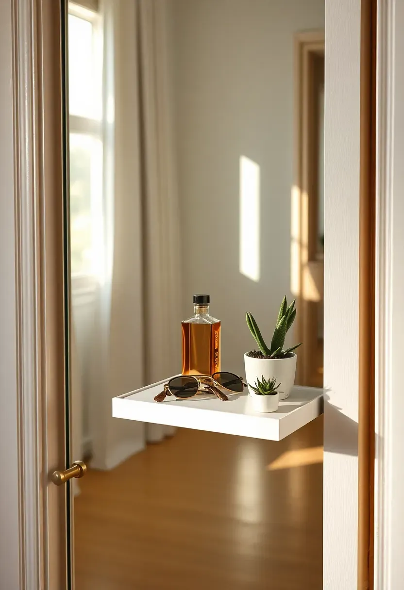 Closet door with full-length mirror on the front and a narrow integrated shelf behind it holding perfume bottles, a small plant, and folded accessories