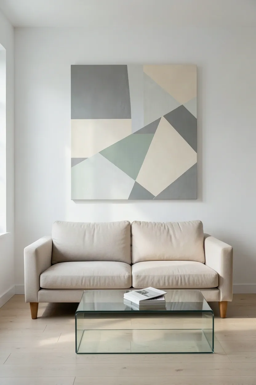 Large framed Nordic abstract artwork as a statement piece on the main wall of a minimalist small Scandinavian living room