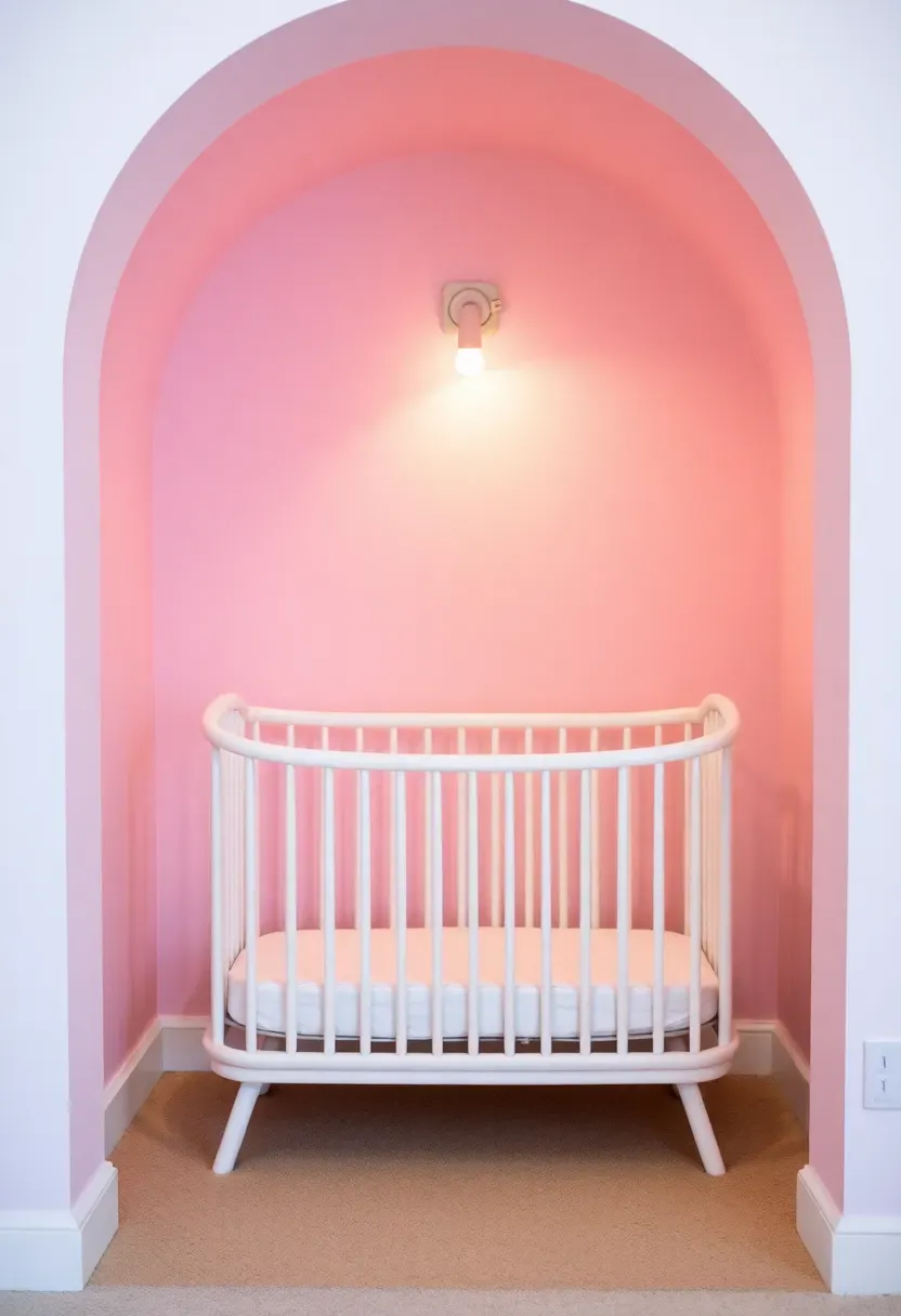 Mini crib nestled in a recessed bedroom alcove painted soft white with wall-mounted sconce for gentle nighttime light