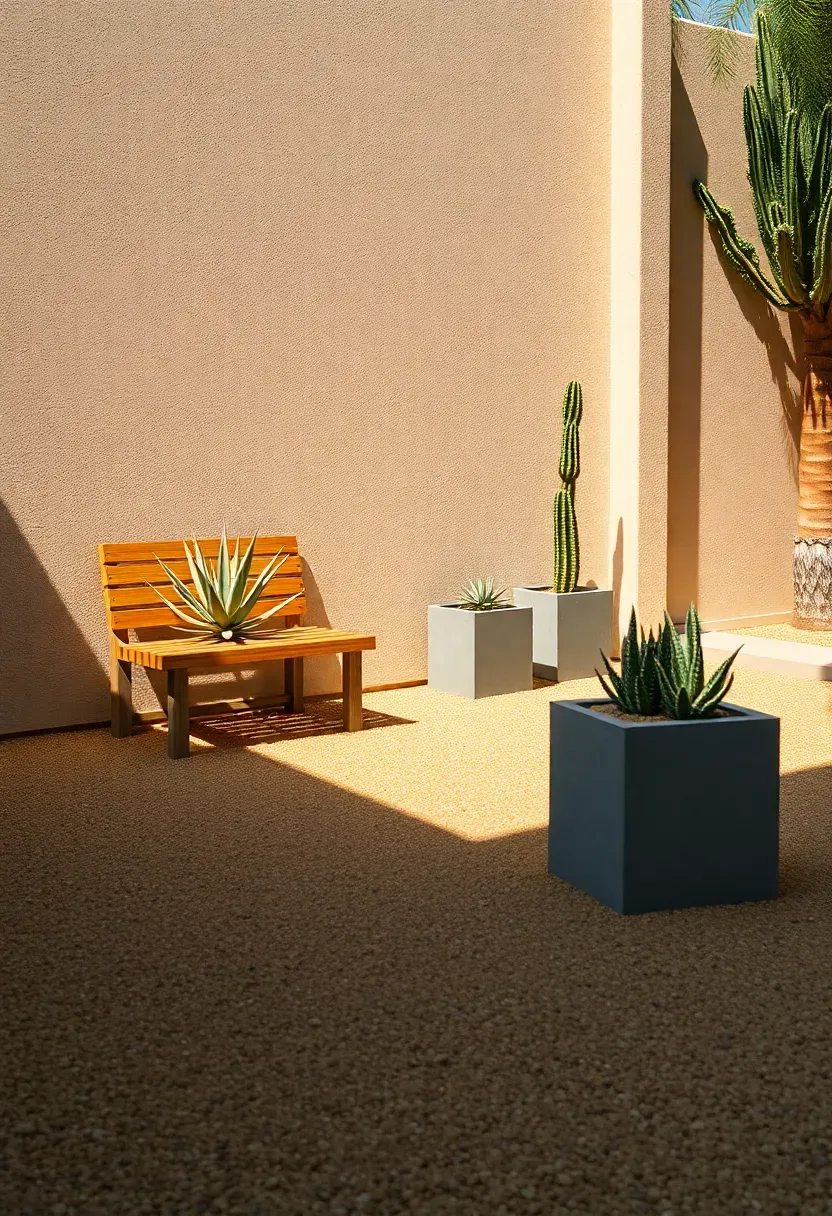 A minimalist backyard with decomposed granite flooring, native desert plants, and a simple wooden bench