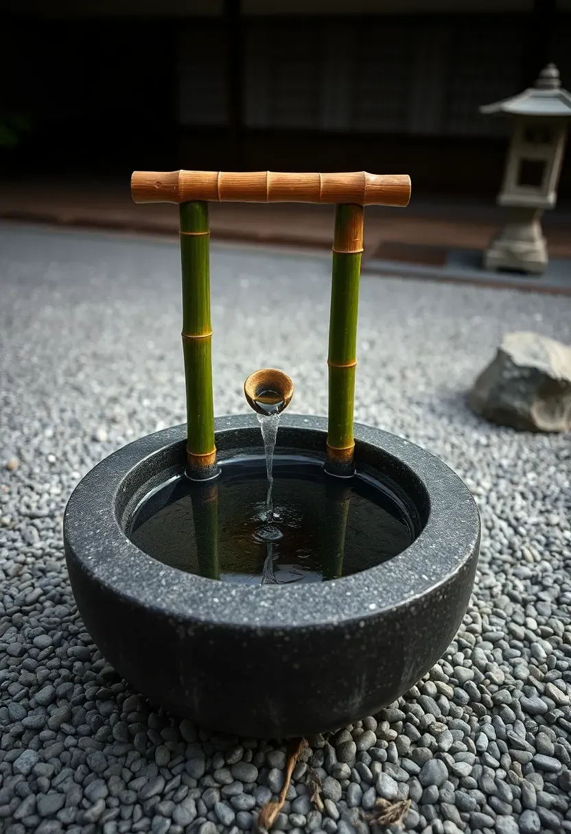 A carved stone basin receiving water from a horizontal bamboo spout in a tranquil Japanese-inspired garden with raked gravel