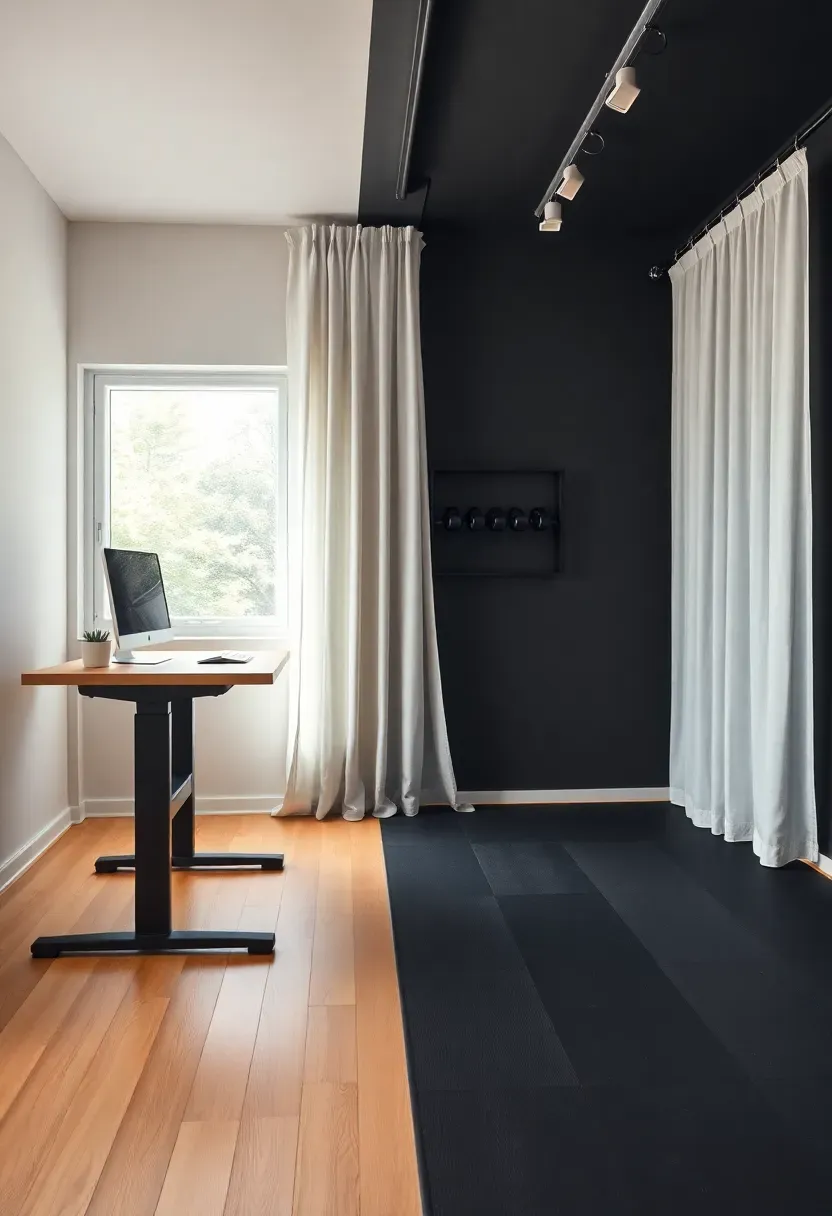 Dual-purpose home office and gym with standing desk, under-desk treadmill, wall-mounted dumbbell rack, and clean cable management