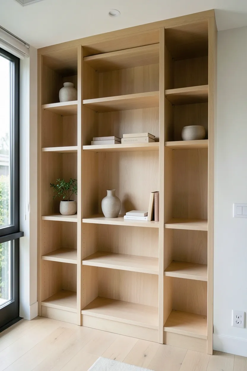 Light oak built-in shelving in a Japandi living room with curated ceramics, a few books, and plenty of empty space between objects
