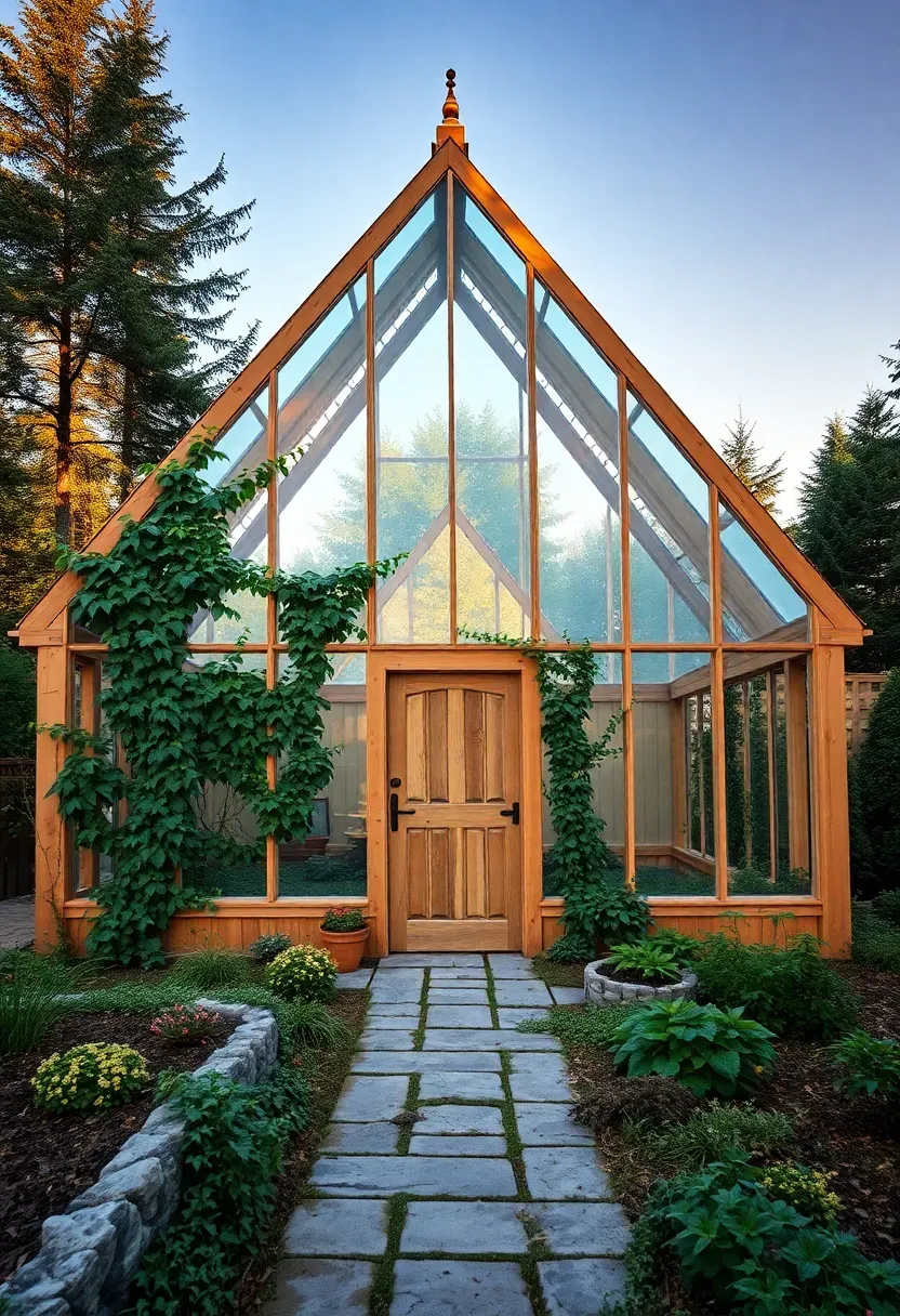 A tall A-frame greenhouse with steep glass sides and a peaked roof covered with climbing vines at the base in a garden setting