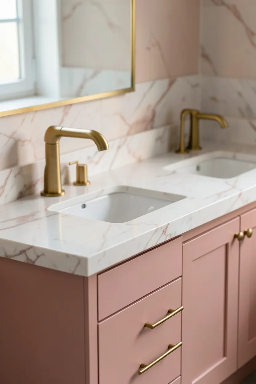White marble vanity with pink-veined countertop and blush pink cabinet fronts with brass pulls in rental apartment bathroom