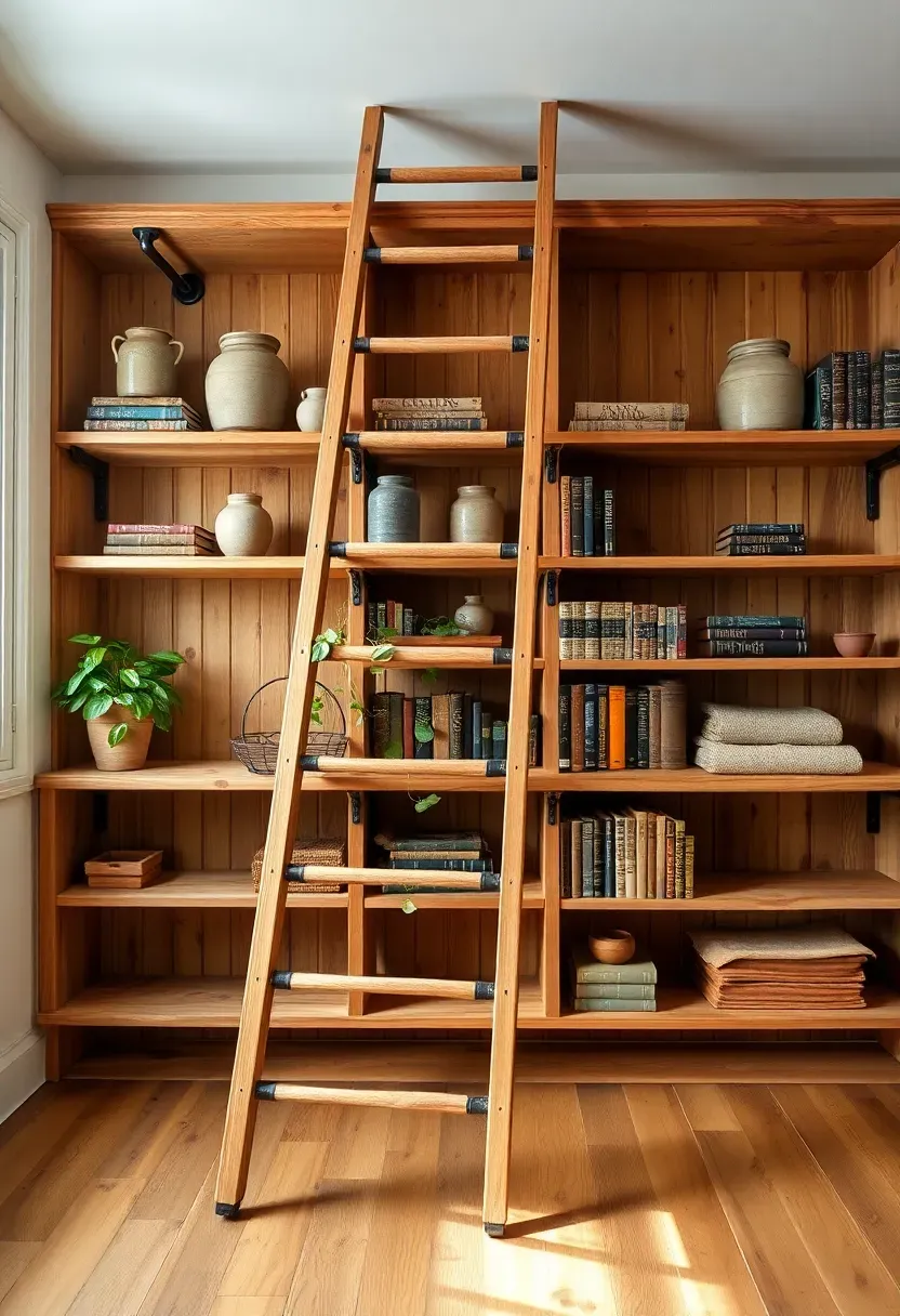 Rolling wooden library ladder on a built-in shelving wall in a bright farmhouse sunroom with books, plants, and vintage decorative objects