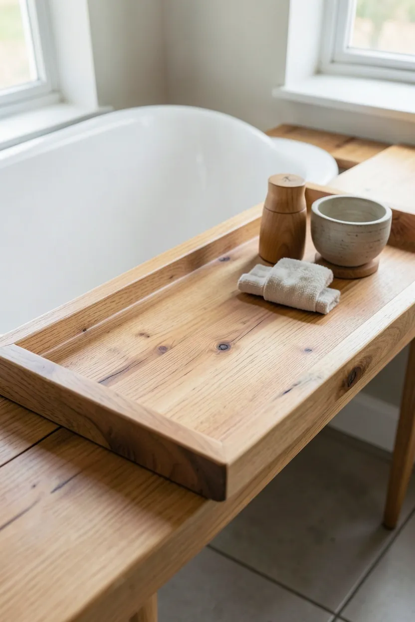 Teak wood bath tray with visible grain and knots spanning a white freestanding bathtub holding a candle and small ceramic dish