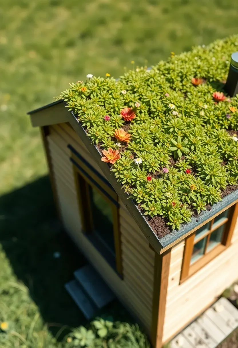 Hyper-realistic 3/4 view aerial perspective of a tiny house with a lush green living roof featuring sedum plants and wildflowers. Materials: green roof vegetation, engineered soil layer, waterproof membrane, light wood siding below. Bright natural daylight, vibrant plant colors. Sustainable architecture, biodiversity habitat, stormwater management. Shallow depth of field, surrounding meadow visible. No text, no logos.</p>