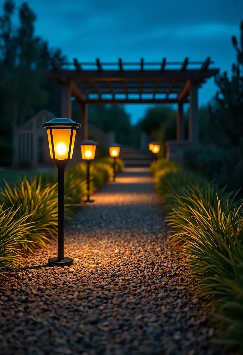 Low-voltage LED path lights along a garden walkway with warm amber glow in a backyard at dusk