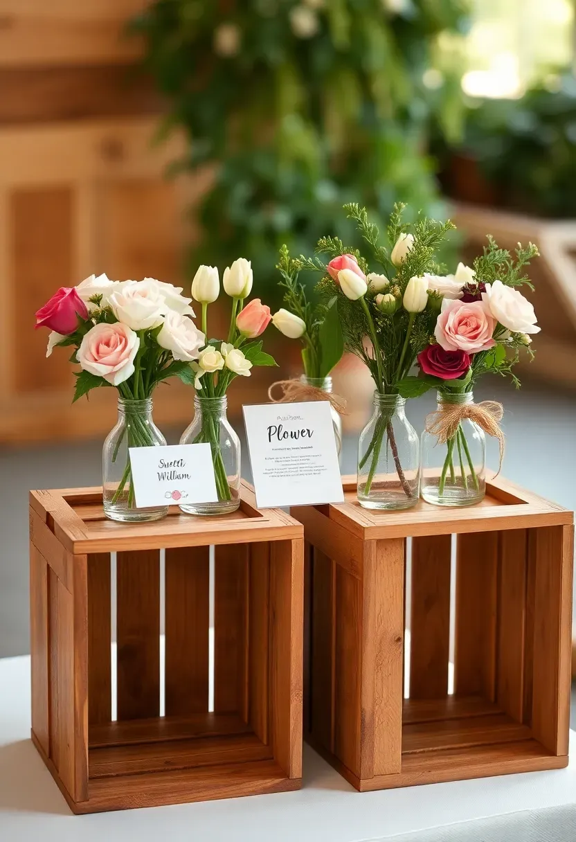 bridal shower flower bar with wine crates as risers and glass bud vases of single-variety stems
