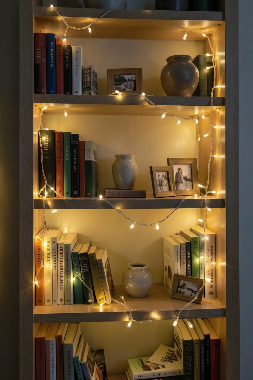 Hyper-realistic eye-level photograph of warm white LED twinkle light garland casually draped across three shelves of living room bookcase. Lights have tiny warm bulbs creating soft amber sparkle that reflects off books and decorative items. Shelves contain books in various colors, ceramic vessels, and small framed photos. Evening atmosphere with twinkle lights as primary ambient light. Light casts soft twinkling reflections on surfaces. Part of wall visible. Materials: LED string lights, paper books, ceramic. Magical ambient mood. Sharp light details and soft glow, gentle shadows, casual arrangement. No text, no logos, no watermarks.
