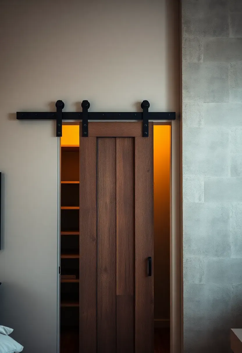 Rustic reclaimed wood barn door sliding on a black iron track mounted above a bedroom closet