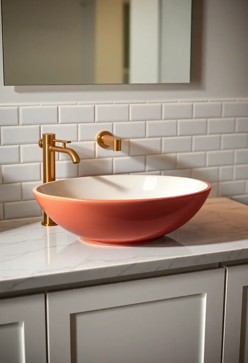 Vessel sinks in vibrant colors with unique shapes on bathroom vanity