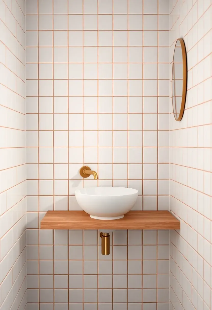 Clean white small bathroom with terracotta colored grout lines creating a warm geometric grid pattern