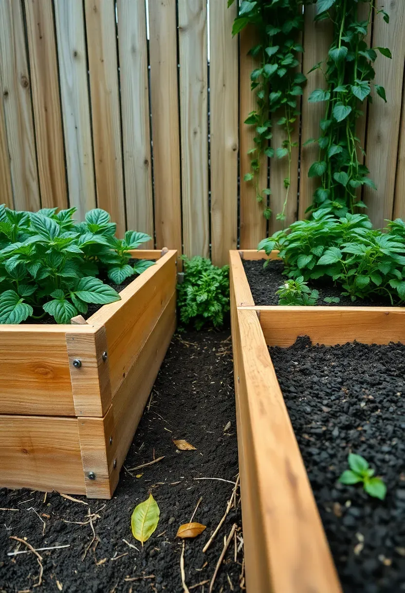 Raised wooden garden beds built against a garden fence with vegetables and herbs growing in a tidy backyard kitchen garden