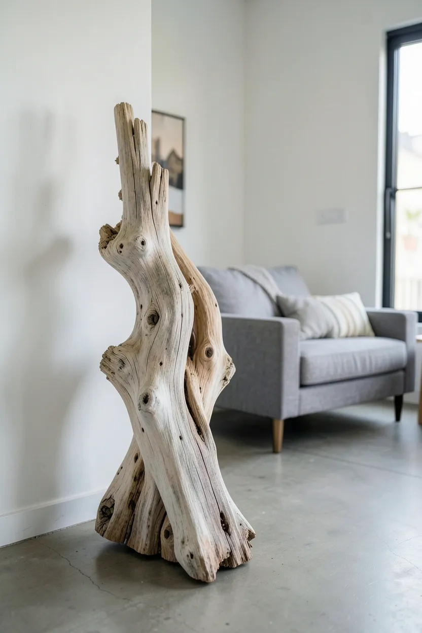 Large sculptural driftwood coffee table on a white area rug against a clean neutral wall in a modern rustic living space