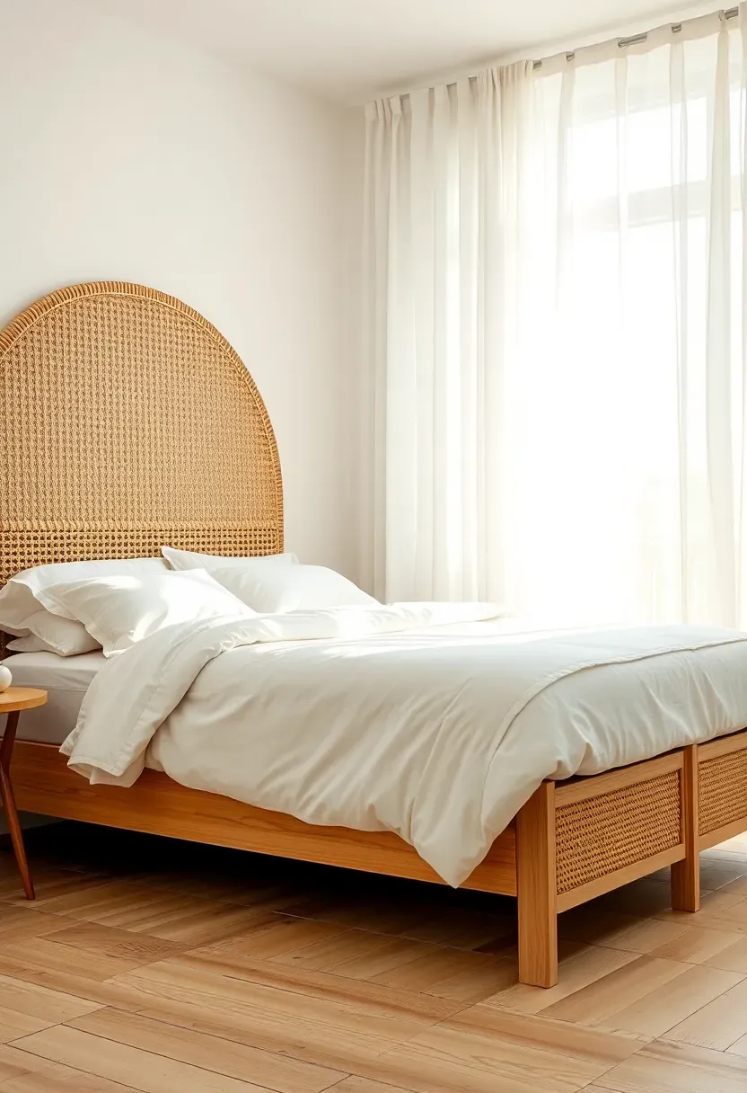 coastal inspired bedroom with woven rattan headboard white linen bedding light wood floors and sheer curtains blowing in a breeze