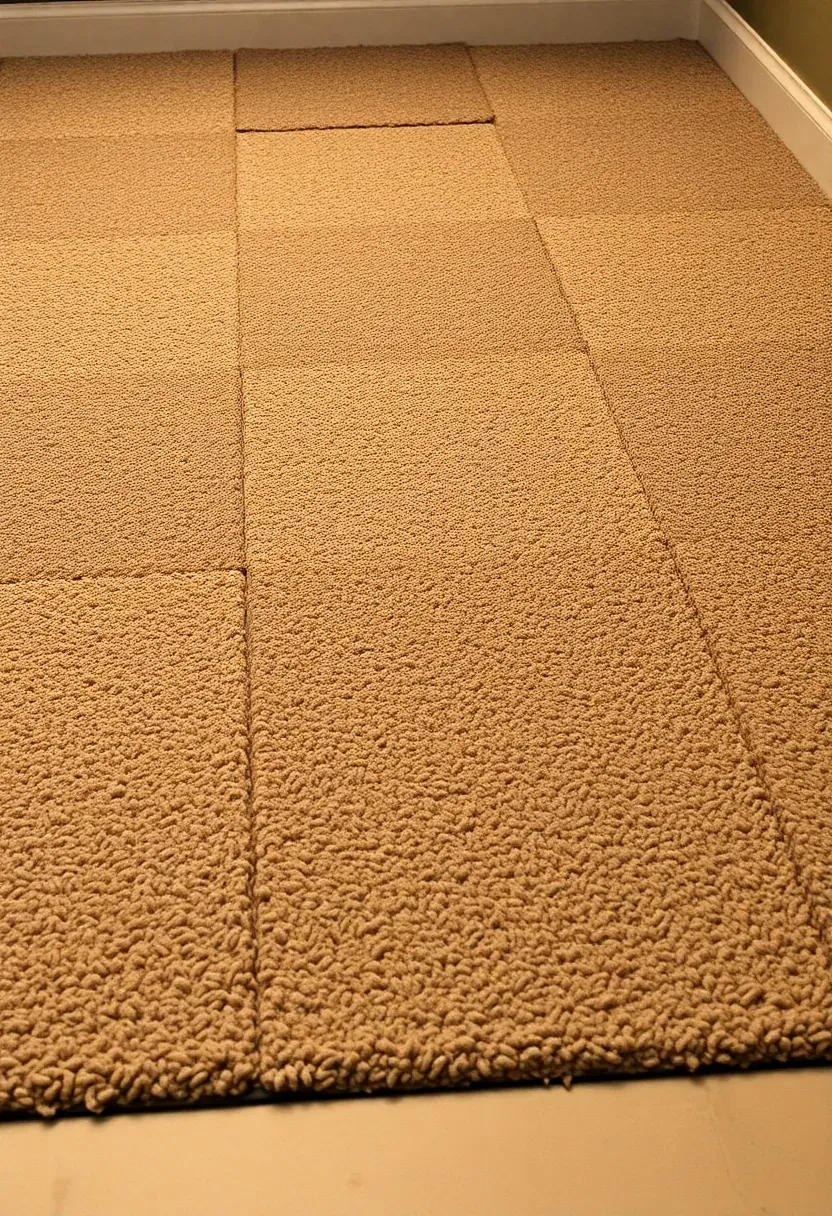 modular carpet tiles in neutral tones installed in a basement family room play area