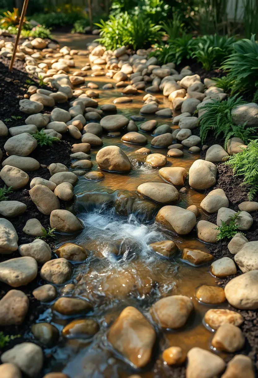 A dry creek bed garden feature with rounded stones of varying sizes and a hidden pump return creating gentle water flow