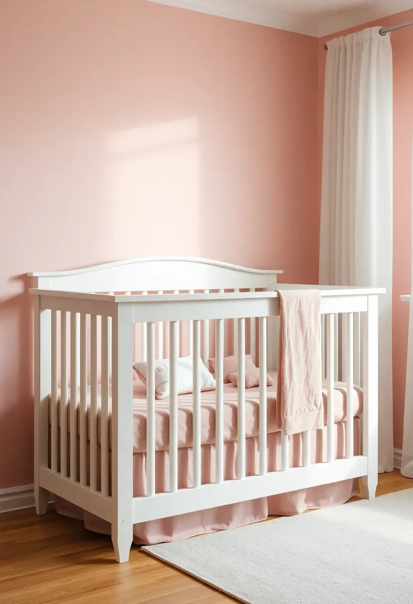 convertible crib to toddler bed in soft pink nursery for baby girl