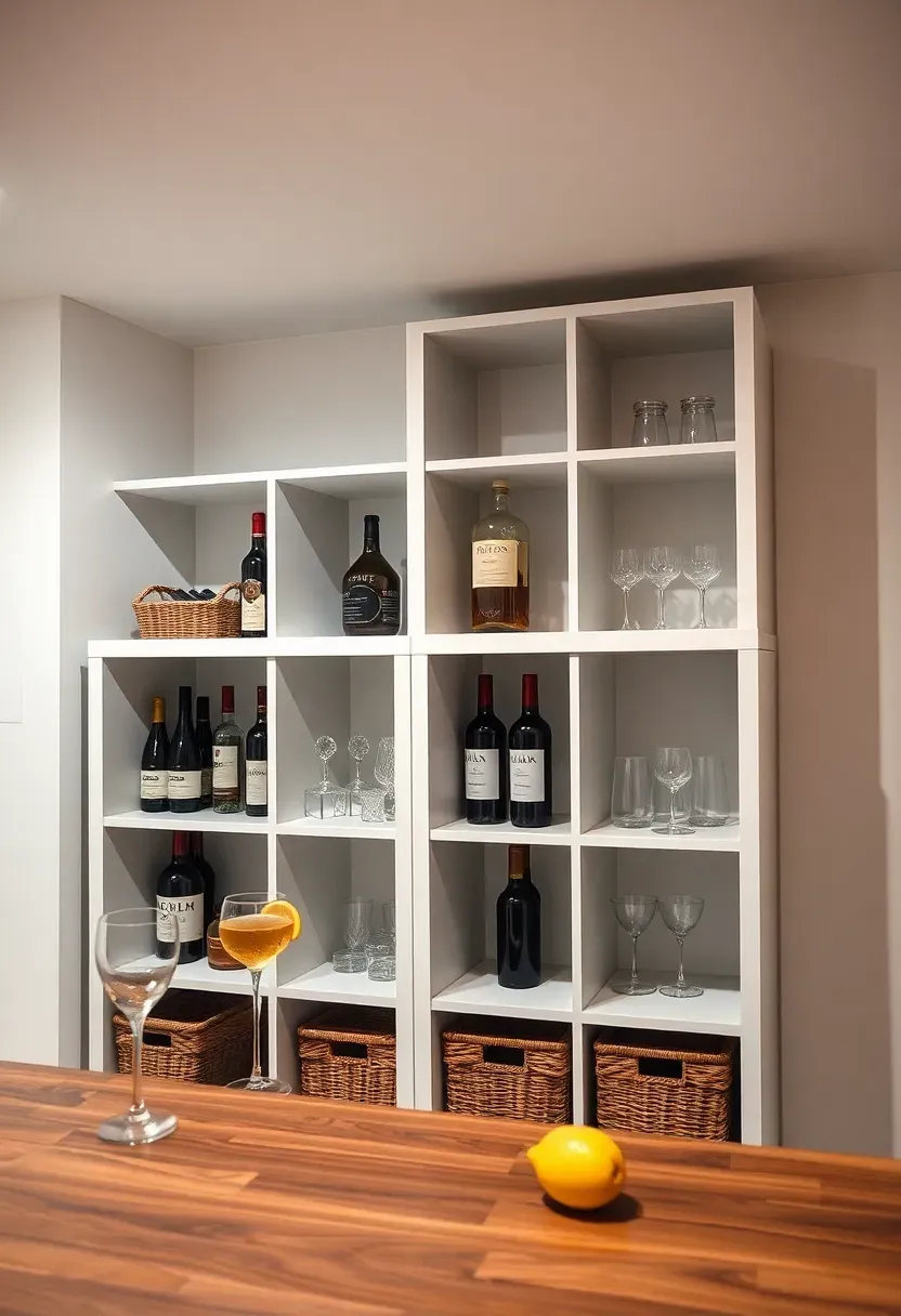 Budget basement bar built from IKEA Kallax shelving units as the base with a butcher block countertop, organized bottle and glass storage in cubbies