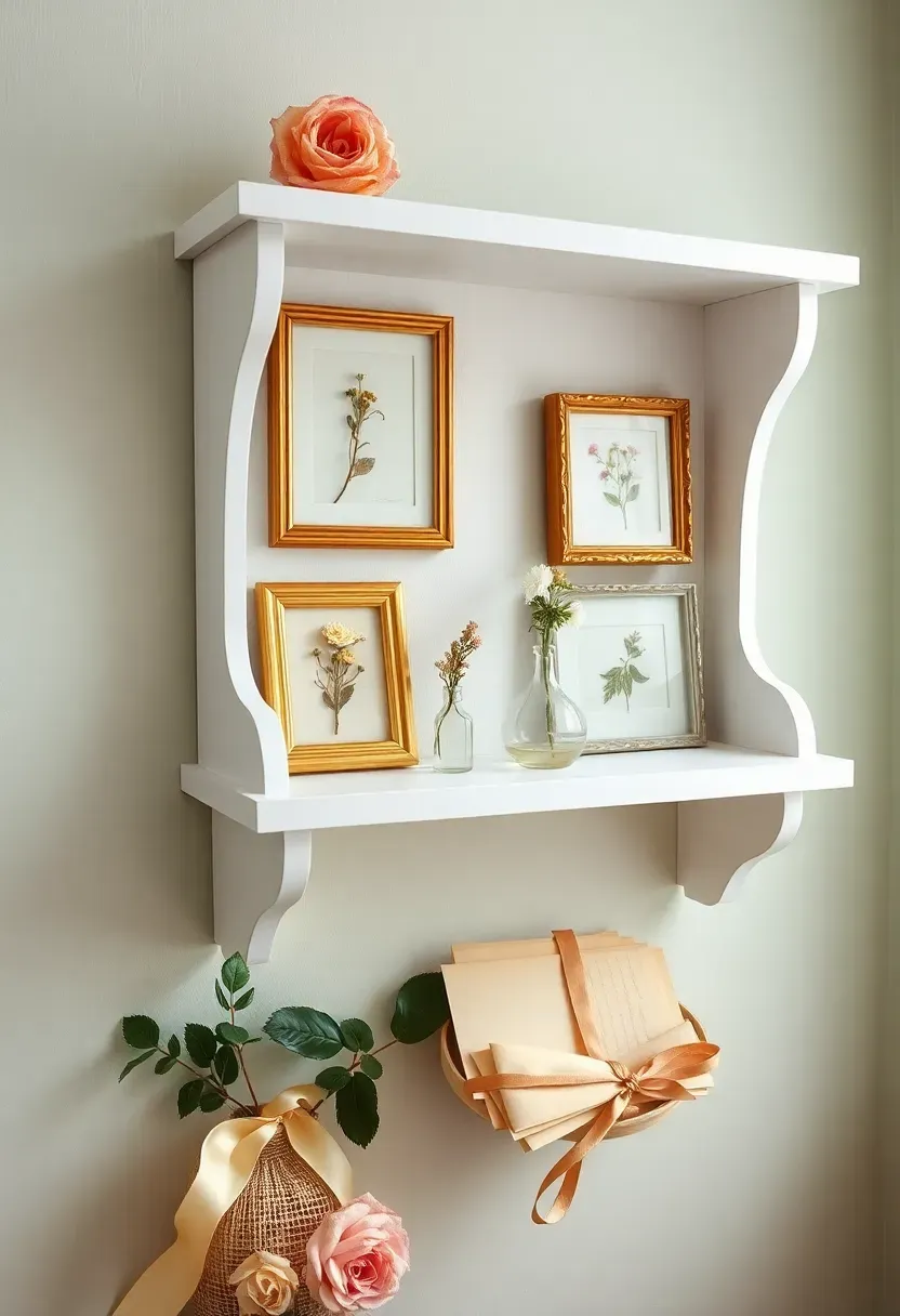 Cottage pressed flower wall shelf with gilded frames holding pressed specimens, a dried rose in a glass bud vase, and ribbon-tied old letters on sage green wall