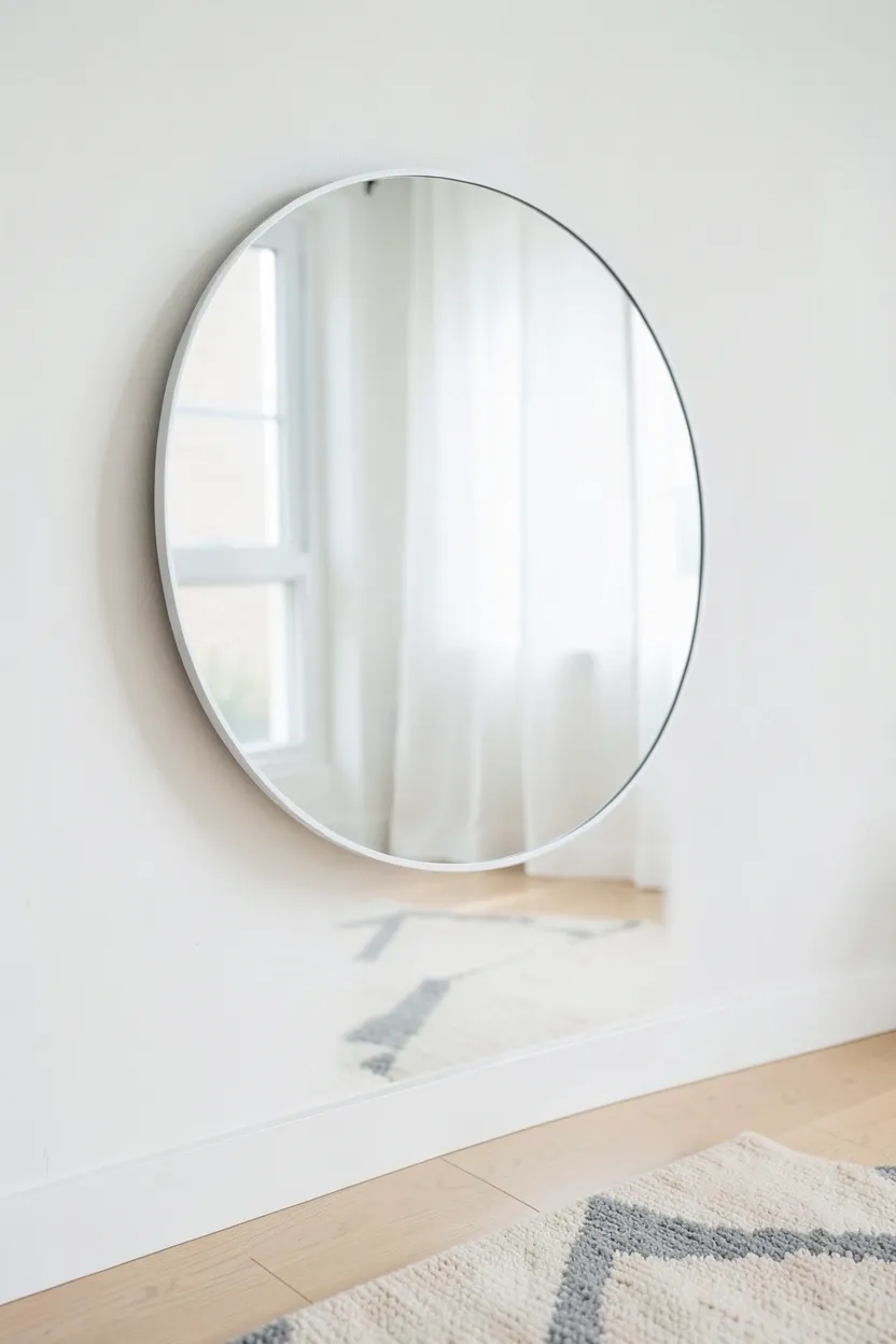 Large round wall mirror with thin wood frame reflecting natural light in a tiny bright Scandinavian living room