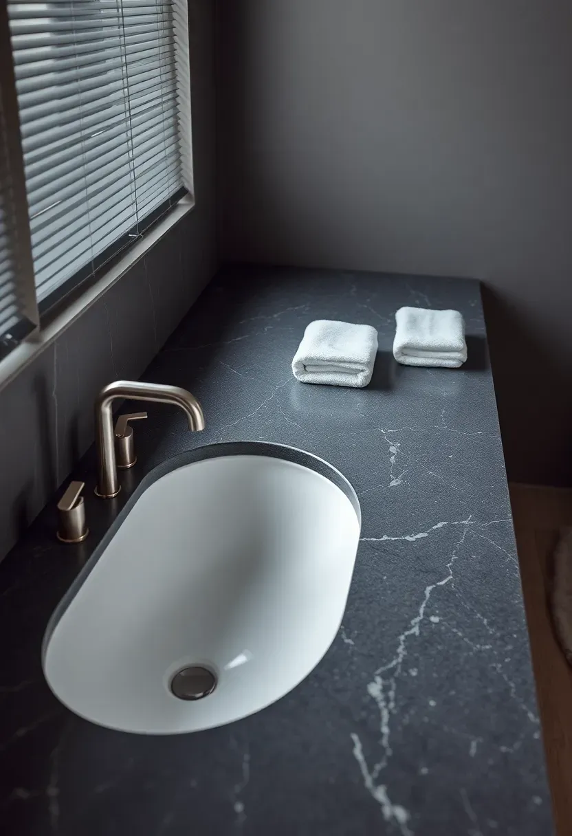Dark gray soapstone bathroom countertop with natural veining next to stacked white towels