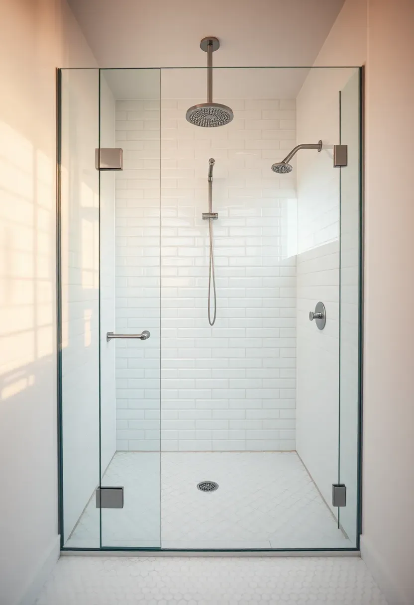 Hyper-realistic wide angle showing frameless glass shower enclosure with white subway tile interior, light hex floor tiles extending through, rainfall showerhead. Materials: 10mm tempered glass, glossy white subway tiles, brushed nickel fixtures, white hex floor tiles. Warm diffused daylight, creamy neutrals with soft reflections. Serene spa mood, shallow depth of field with sharp glass edge detail, soft shadows. Vertical 2:3 framing. No text.</p>