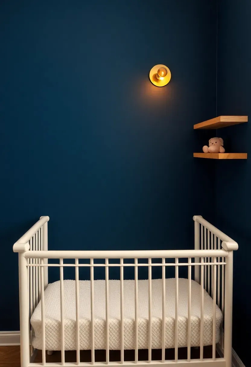 navy accent wall in small baby boy nursery with white mini crib brass hardware and warm lighting