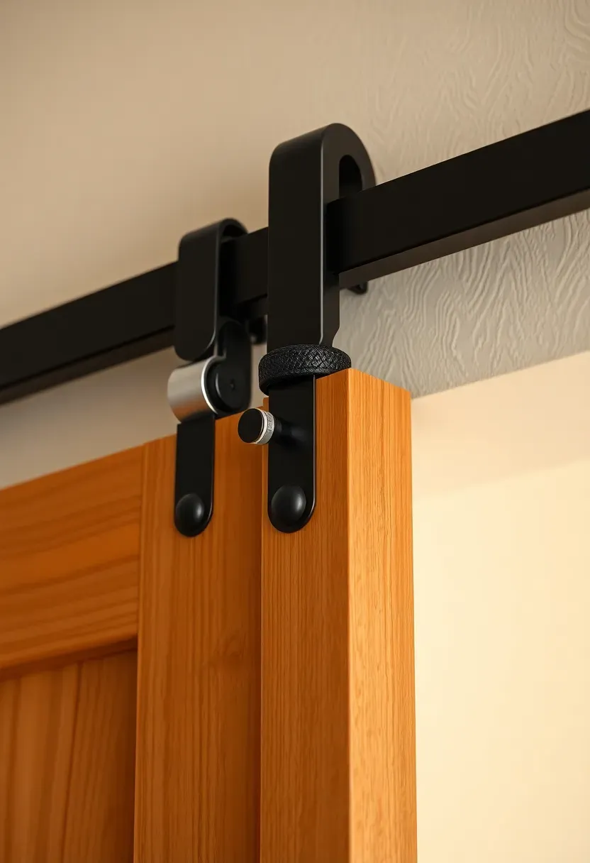 Sliding barn door with soft-close mechanism showing the track hardware detail with a cushioned stop at the end of the rail in a bedroom