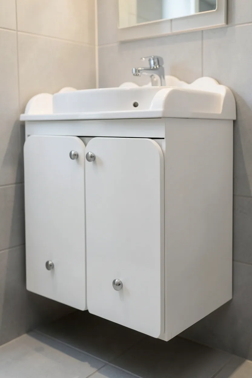 White cloud-shaped vanity cabinet with rounded edges in a whimsical Toca Boca-inspired family bathroom