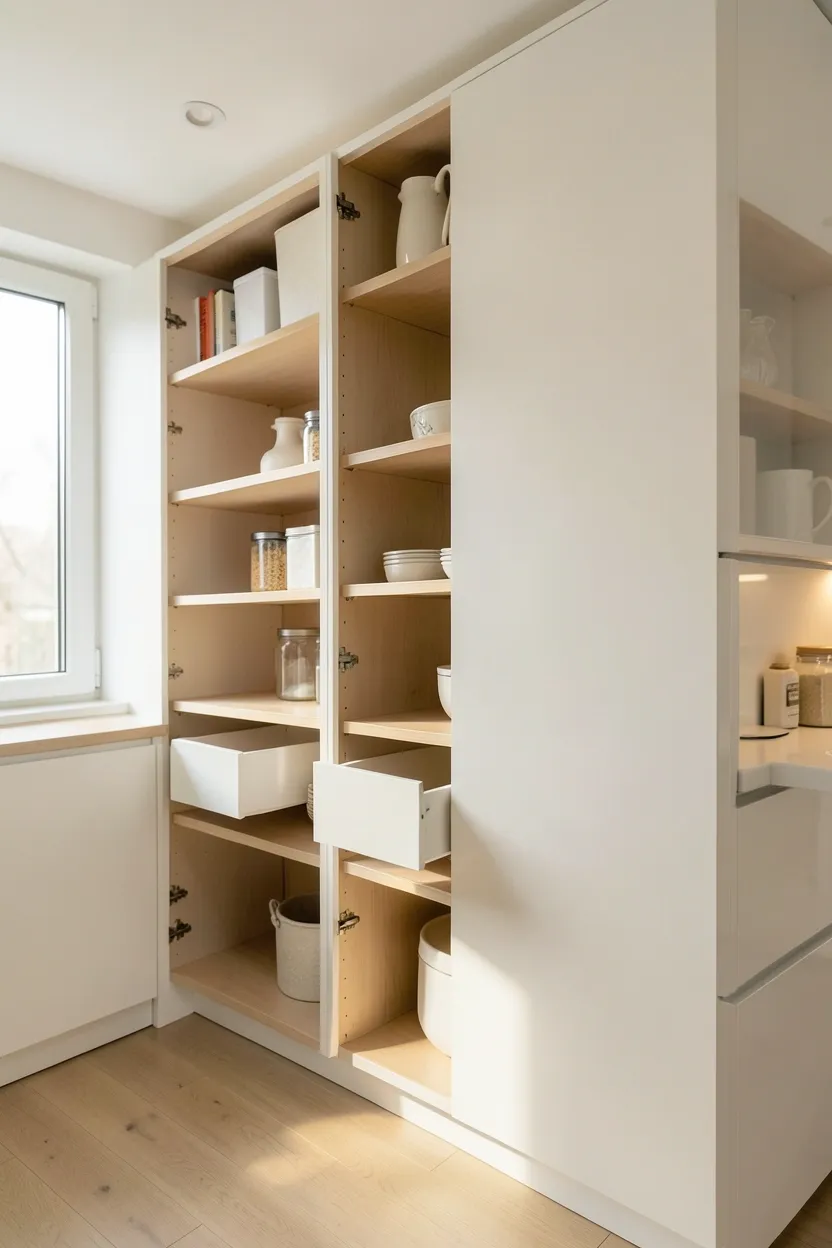 Floor-to-ceiling white pantry cabinet with pull-out shelves fully extended — maximizing vertical storage in a minimalist Scandinavian kitchen